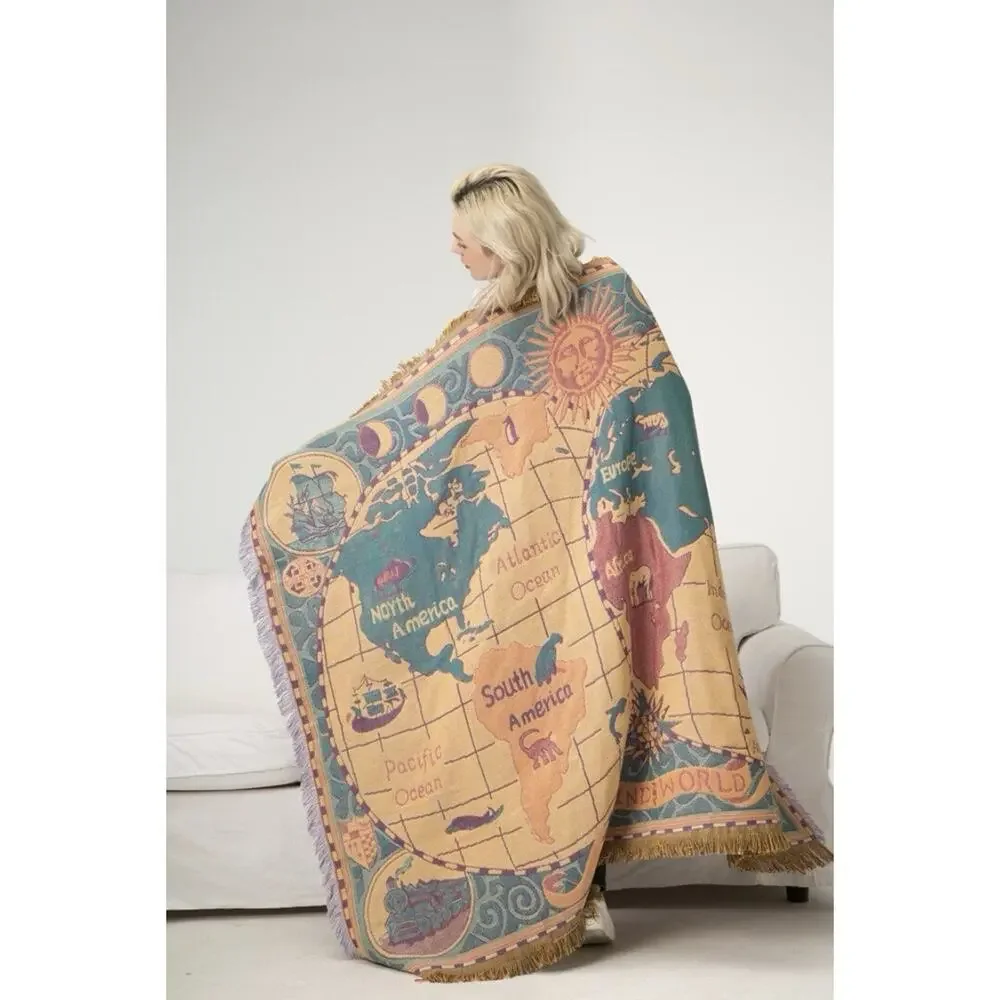 World Map Throw Blanket Wall Tapestry 3 Layers Cotton Woven Sofa Blanket 70x51”